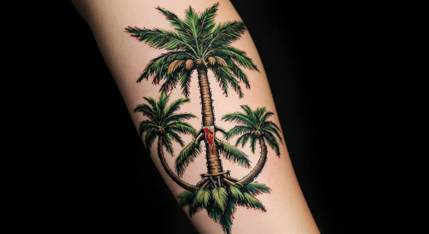 skull shaded flames and palm trees tattoo design idea